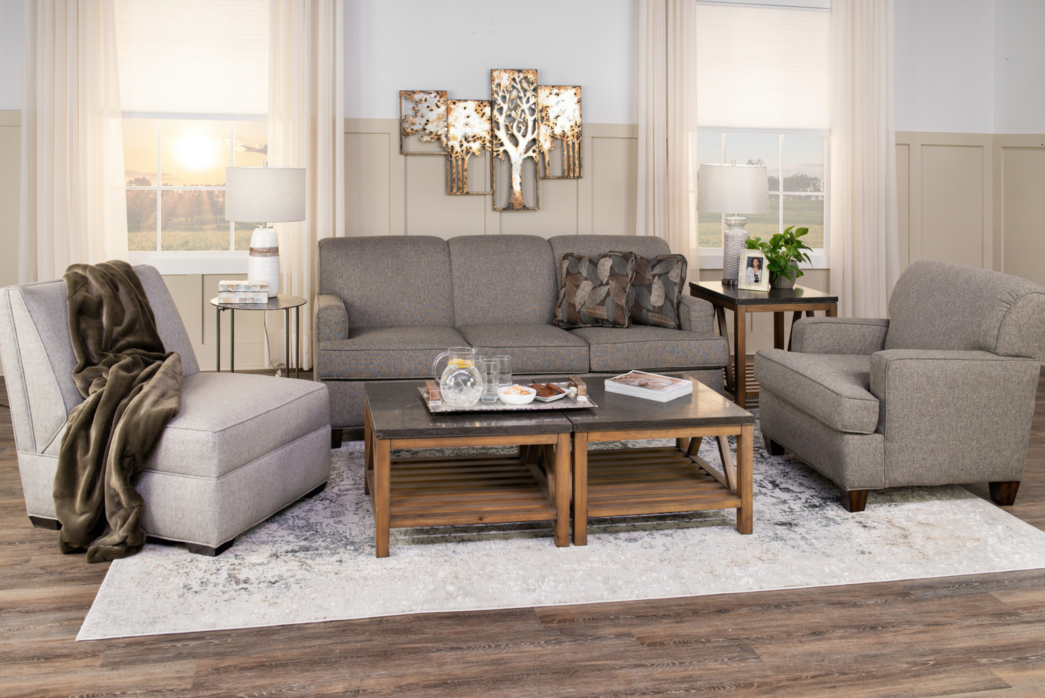 View of Small living room furniture, including apartment sized sofas, sleeper ...